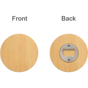 A round bamboo coaster features a bottle opener on one side and a smooth bamboo surface on the other.