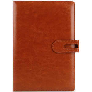 A brown PU notebook with a smooth texture and a closure strap, featuring a logo on the front.