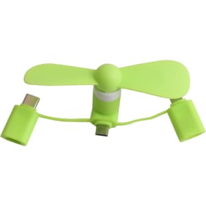 A green 3 in 1 smartphone fan with multiple connector attachments, designed for mobile devices.