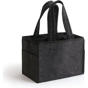 A felt wine tote bag in black with multiple compartments and sturdy handles. It features a simple design.