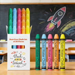 A box containing 20 dust-free chalk sticks in various colours, displayed against a blackboard background.