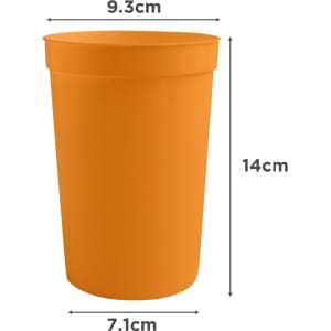 An orange 650ml plastic stadium cup, featuring a logo, with dimensions of 14cm height and 9.3cm diameter.