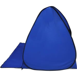 A blue pop-up beach tent with a streamlined design and a detachable floor section. It features a logo.