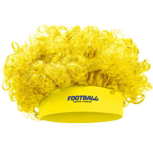 A bright yellow Afro headband wig with curly hair and a branded yellow band.
