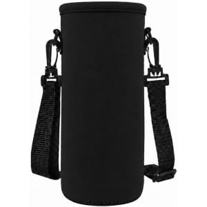 A drink bottle carrier in black with adjustable straps and clips for easy carrying. It features a simple design.