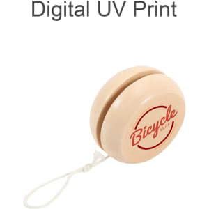 A wooden yoyo in natural wood colour with a red logo and string attached.