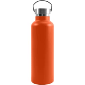 An orange insulated drink bottle made of recycled stainless steel with a metal screw-top lid and handle.