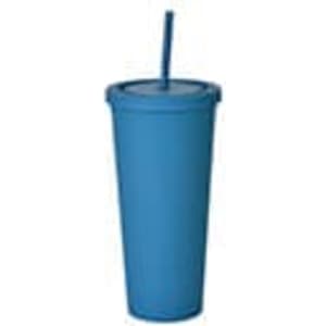 A blue 24oz matte plastic cup with a lid and straw, featuring a logo.
