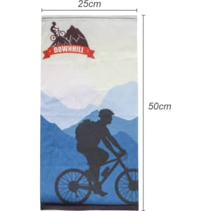 A RPET neck gaiter featuring a silhouette of a cyclist against a gradient blue and light background. Dimensions are 25cm by 50cm.
