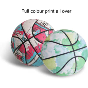 Two basketballs with full colour print, featuring vibrant designs in shades of red, blue, and green. Each ball has a distinct look.