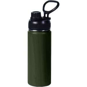 A drink bottle in dark green stainless steel with a black lid and carry handle, featuring a branded logo.