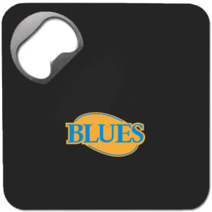 A drink bottle opener in black with a square shape and a cut-out for opening bottles. It features a logo.