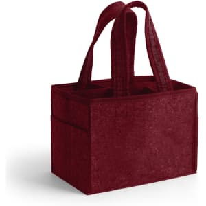 A maroon felt wine tote bag with two handles and compartments for bottles, featuring a logo.