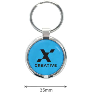 A round blue NFC epoxy tag featuring a metal keyring, displaying a logo and measures 35mm in diameter.