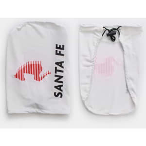 A white car mirror cover with a logo, featuring a design in red and black, suitable for sedans.