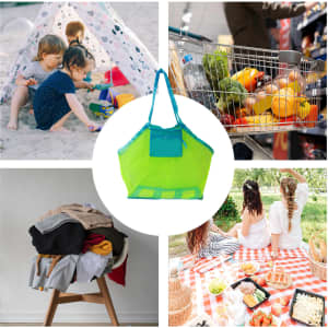 A vibrant green mesh beach toy bag surrounded by images of children playing, groceries, clothes, and a picnic setup.