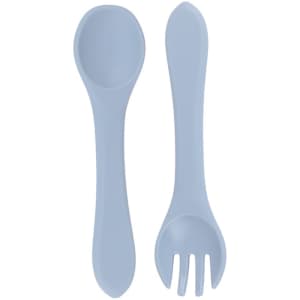 Two pieces of light blue silicone cutlery, including a spoon and a fork-like utensil, displayed side by side.
