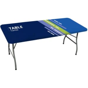 A rectangular table topper featuring a blue design with green and white accents, supported by a grey frame.