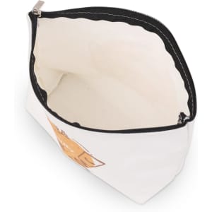 A canvas cosmetic bag in white with a black zipper. The interior is unlined and spacious, suitable for storing items.