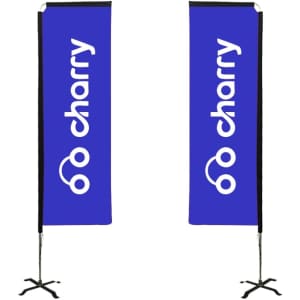 Two medium rectangular banners in blue, displaying a logo, mounted on stands. Each banner measures 70 x 260 cm.