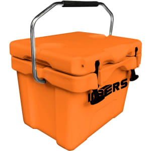 A bright orange 15L cooler box with a sturdy metal handle and secure latches, featuring a logo on the side.