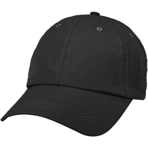 A black lightweight cap with a curved brim and contrast stitching, featuring a logo on the side.