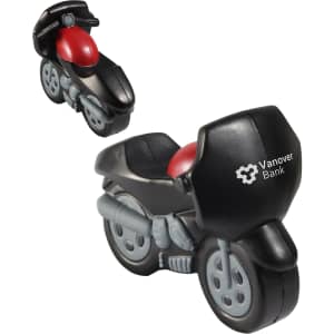 A black and grey motorbike-shaped stress reliever with red details and a logo on its side.