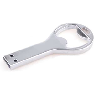 A drink bottle opener and flash drive in a shiny silver finish, featuring a key shape design and a logo.