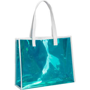 A turquoise PVC handbag with white handles and a clear, shiny finish. Features a logo.