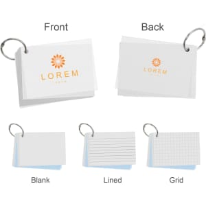 A7 PP cover index cards on a ring, featuring blank, lined, and grid formats in white with an orange logo.