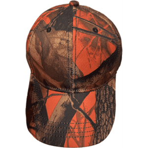 A six-panel cap in True Timber camouflage featuring earthy tones with orange accents and a curved peak.