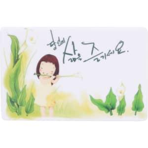 A puzzle-shaped USB flash drive featuring a girl playing a flute amidst green plants, with a decorative design.