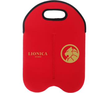 A drink bottle cooler in vibrant red with a handle and a logo, designed for twin bottles.