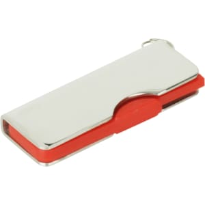 A metallic silver and red alloy flash drive with a swivel design and a small loop for attachment.