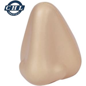 A beige nose-shaped stress reliever with a smooth surface, featuring a logo in the top corner.