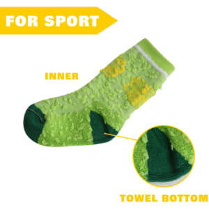 Custom pattern football socks in bright green with a towel bottom for added comfort. Features a logo.