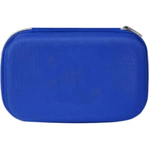 A blue hard shell case with a zipper, designed for holding first aid supplies, featuring a logo.