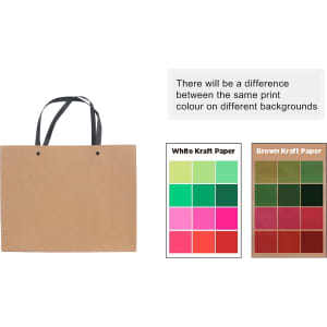 A medium brown kraft paper bag with a knitted handle. It features a logo and swatches of print colours.