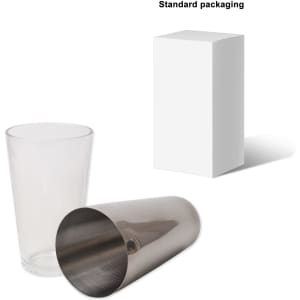 A cocktail shaker set featuring a clear glass and a silver metal shaker, presented in standard packaging.
