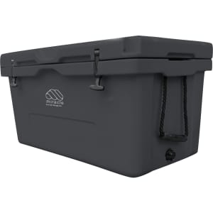 A grey 85L cooler box featuring a robust design, with a logo on the side and secure latches.