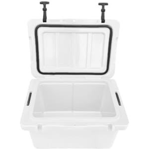 A white 35L cooler box with a removable lid and interior divided into sections, featuring a logo on the exterior.
