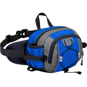 A drink bottle holder waist bag in blue and grey with multiple compartments and a logo.