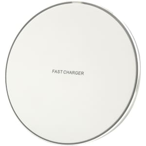 A round, glossy white wireless charger with a sleek design and a visible branding logo.