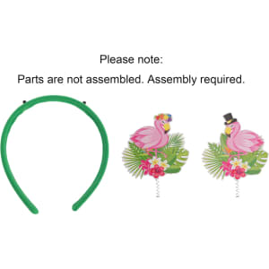 A green headband with vibrant flamingo decorations and floral elements. Assembly required for the decorative parts.