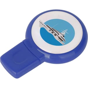 A round domed blue flash drive featuring a circular design and an embedded logo.
