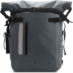 A grey waterproof roll top backpack featuring adjustable straps and a sleek design with a reflective panel and a logo.