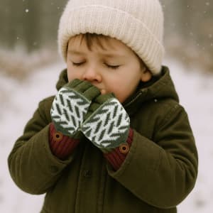 A child wearing green and white jacquard fingerless gloves with a flip cover, and a cream beanie, standing in snow.