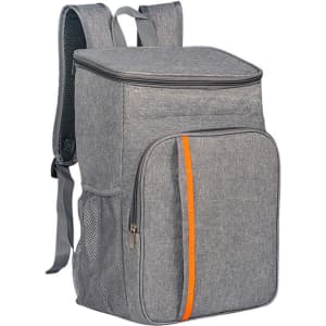 A large grey cooler backpack featuring a front pocket with orange stripe and mesh side pocket.