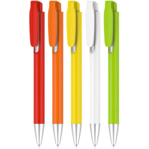 A collection of five plastic pens with colour barrels: red, orange, yellow, white, and green, each with a silver tip and clip.