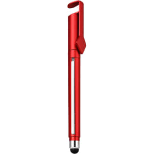 A red promotional pen with a clip, featuring a stylus tip and a sleek design. It includes a branding logo.
